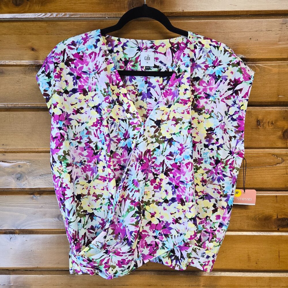 Cabi Eden Top Faux Wrap Snap Front Keyhole Back Watercolor Floral Top Size M